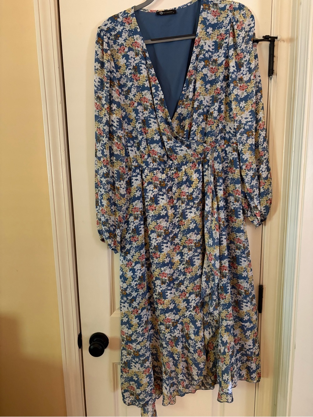 Blue Floral Wrap Midi Dress with Tie Waist